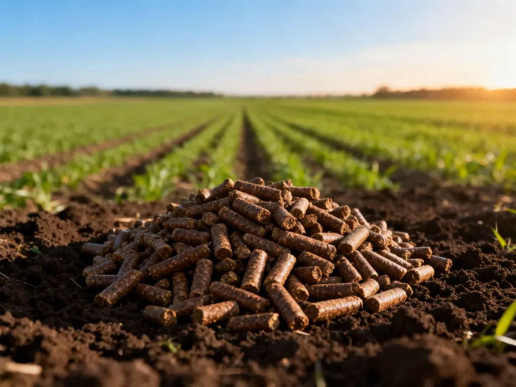 Granulowany nawóz organiczny na tle żyznej gleby i rozległego pola uprawnego w słoneczny dzień.