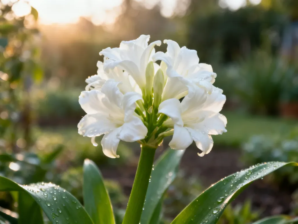 Zbliżenie na kwitnącą białą tuberozę z kroplami rosy na płatkach w słonecznym ogrodzie.