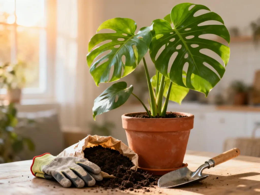 Monstera w terakotowej doniczce obok rękawic ogrodowych, łopatki i ziemi, przygotowana do przesadzania rośliny.
