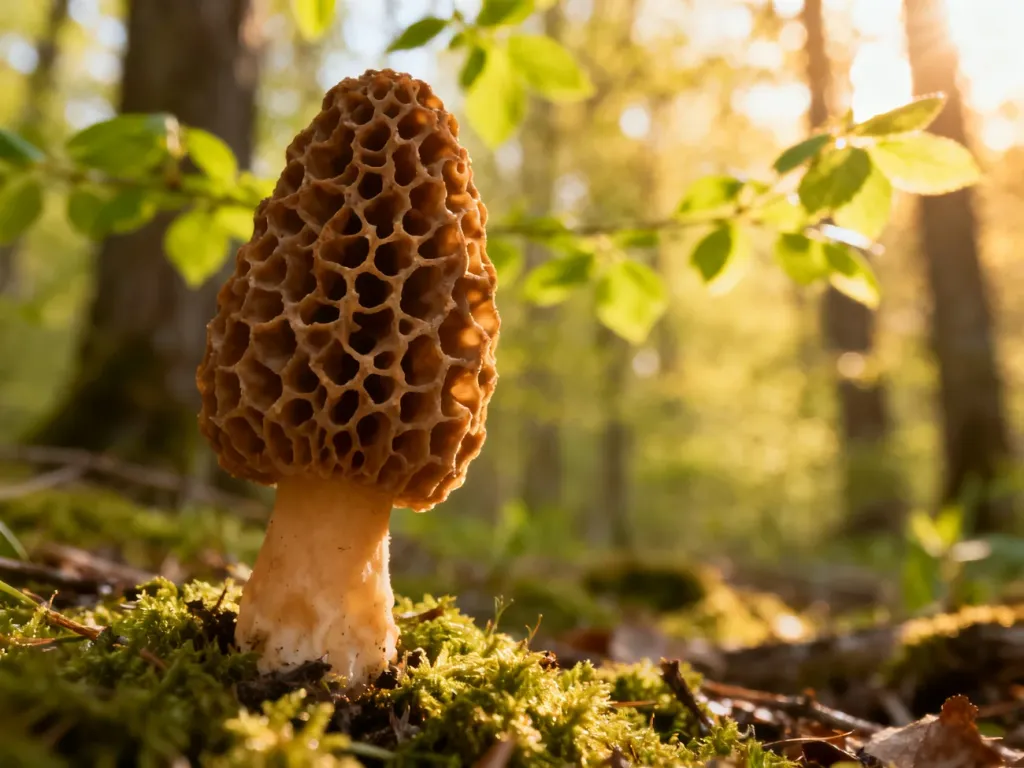 Zbliżenie na smardza z charakterystycznym miodowym kapeluszem, rosnącego na mchu w wiosennym lesie.