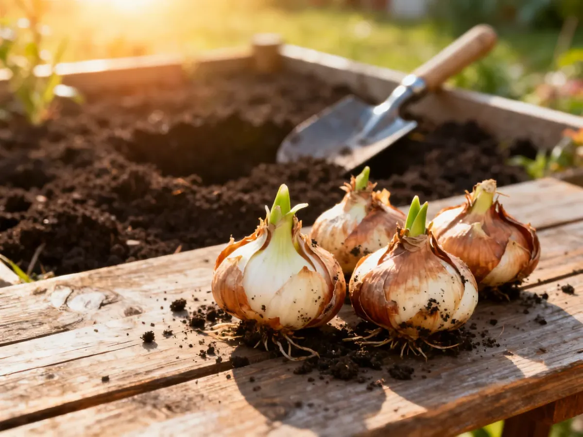 Świeże cebulki lilii przygotowane do sadzenia na drewnianym stole ogrodowym w otoczeniu narzędzi i żyznej gleby.