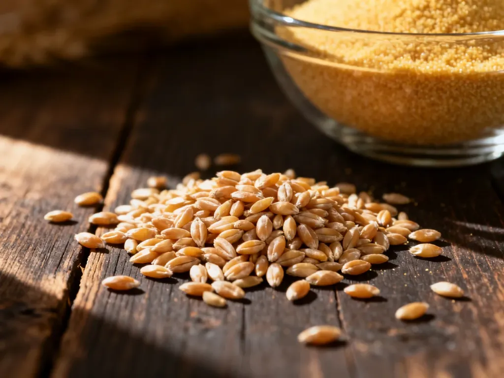 Surowe ziarna pszenicy durum rozsypane na rustykalnym stole obok miski ze złotą semoliną.