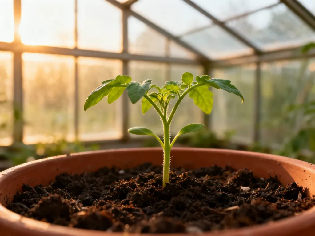 Młoda sadzonka pomidora wyrastająca z żyznej ziemi w doniczce, oświetlona ciepłym światłem w szklarni.