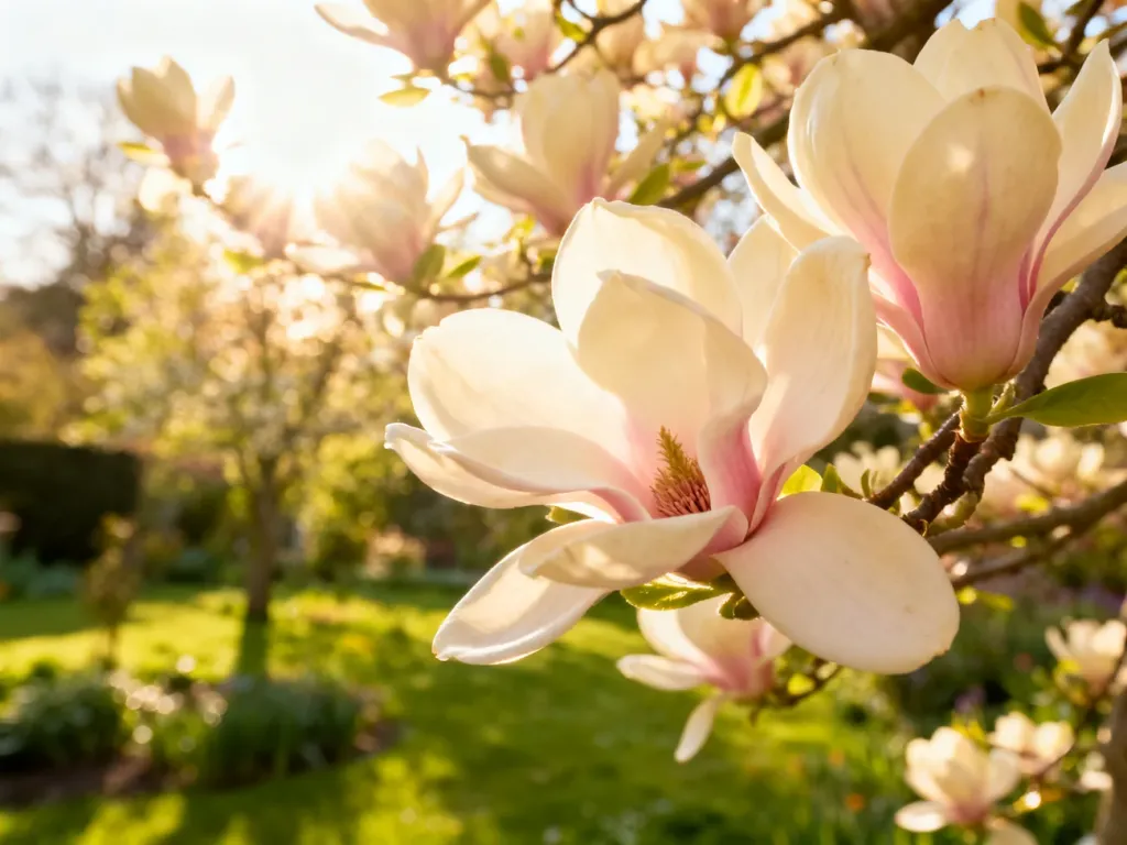 Kwitnąca magnolia z delikatnymi kremowo-różowymi kwiatami w słonecznym ogrodzie wiosennym.