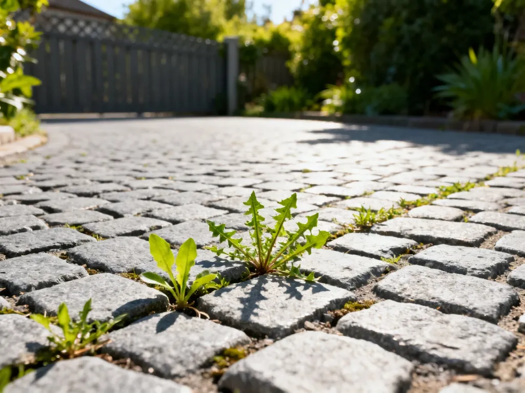 Chwasty wyrastające ze szczelin między szarą kostką brukową na podjeździe.