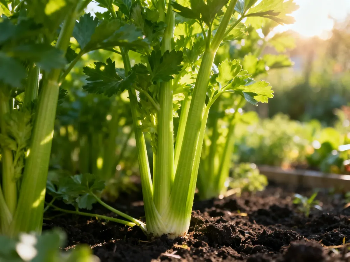 Świeże łodygi selera z bujnymi liśćmi rosnące w żyznej glebie w przydomowym ogrodzie.