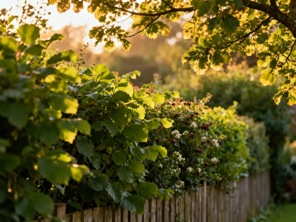 Gęsty żywopłot z grabów i głogu tworzący naturalną osłonę wzdłuż drewnianego ogrodzenia w promieniach porannego słońca.