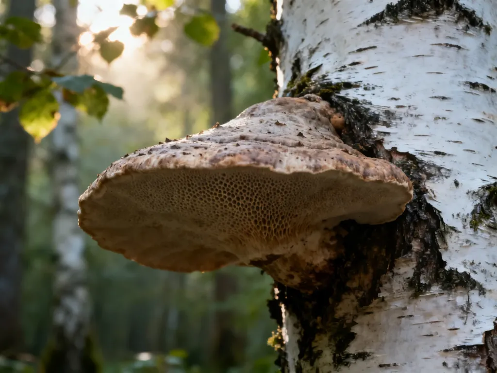 Białoporek brzozowy wyrastający z pnia brzozy w lesie. Widoczne szczegóły powierzchni owocnika i jego porowata struktura.