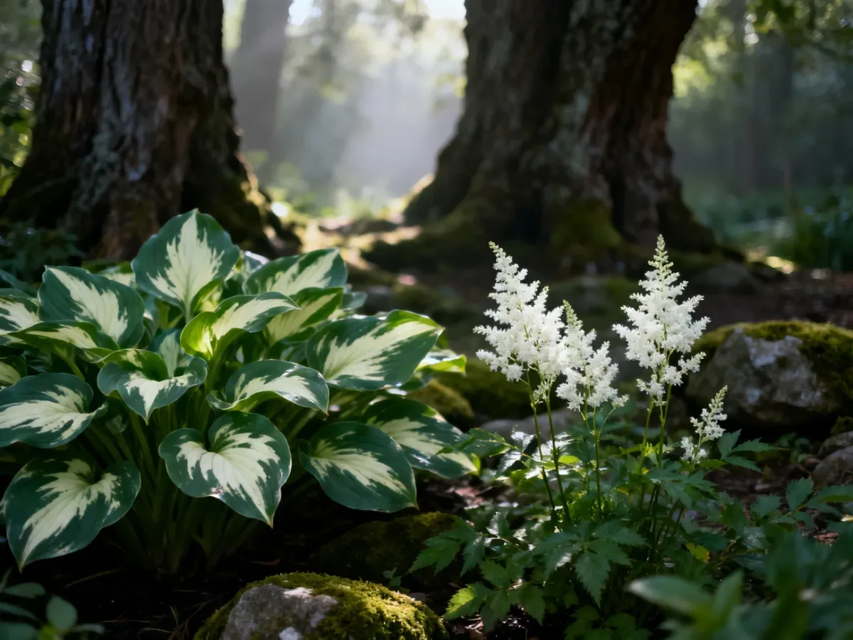 Zacieniony zakątek ogrodu z hostami o ozdobnych liściach i kwitnącymi astilbe, tworzący spokojną, leśną atmosferę.