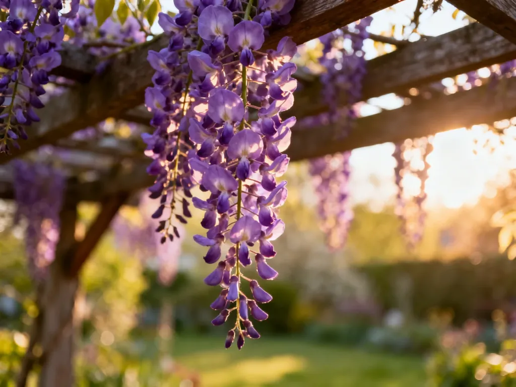 Fioletowe kwiatostany wisterii zwisające z drewnianej pergoli w słonecznym ogrodzie.